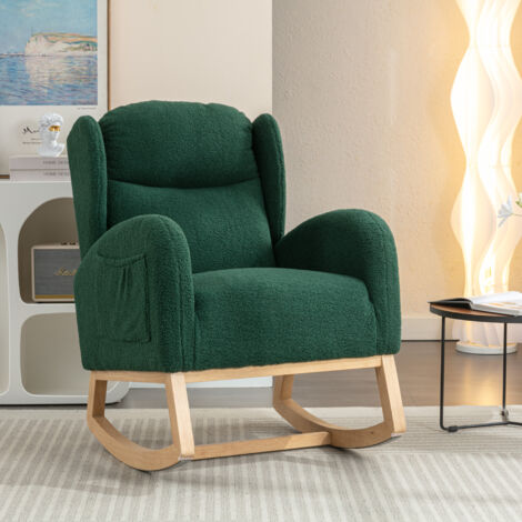 Sedia a dondolo, poltrona, sedia imbottita, tessuto Teddy, comoda, soggiorno/camera da letto, verde