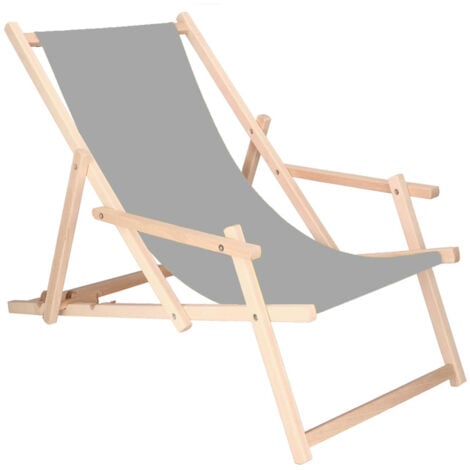 Sedia a sdraio in legno con braccioli da giardino o spiaggia grigio-avorio.