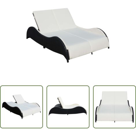 Sedia a sdraio in rattan -  Lettino Prendisole Doppio con Cuscino in Polyrattan Nero