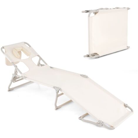 Sedia abbronzante con fori per viso e braccia schienale e poggiapiedi regolabili, Sdraio da spiaggia pieghevole Beige
