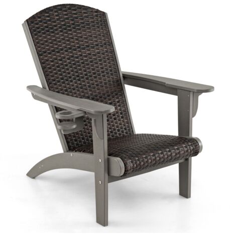 Sedia adirondack da patio con sedile e schienale imbottiti in rattan, Sedia da lounge e porta tazza nascosto Grigio