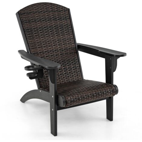 Sedia adirondack da patio con sedile e schienale imbottiti in rattan, Sedia da lounge e porta tazza nascosto Nero