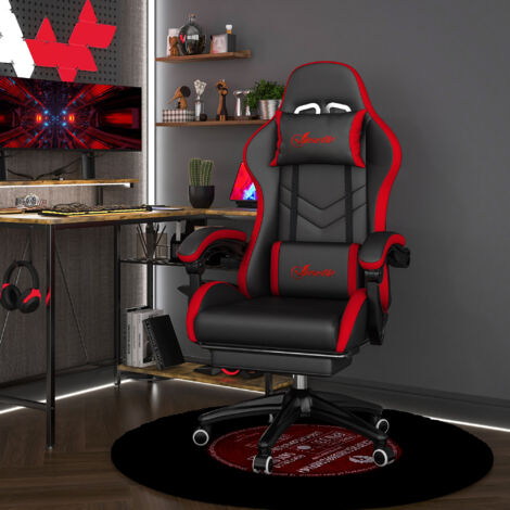 Sedia da Gaming Ergonomica in Pelle PU e Acciaio con Poggiatesta e Altezza Regolabile, Poltrona Gaming con Schienale Reclinabile e Cuscino Lombare, 65x65x121-129 cm, Nero e Rosso