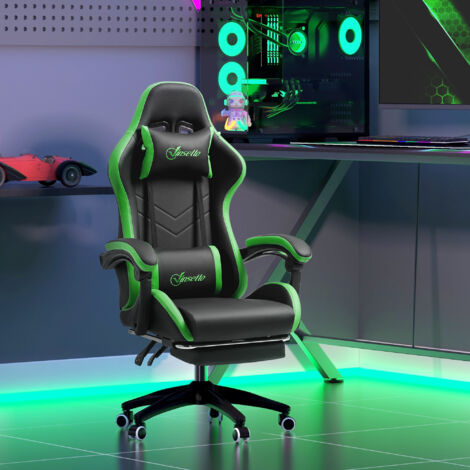 Sedia da Gaming Ergonomica in Pelle PU e Acciaio con Poggiatesta e Altezza Regolabile, Poltrona Gaming con Schienale Reclinabile e Cuscino Lombare, 65x65x121-129 cm, Nero e Verde