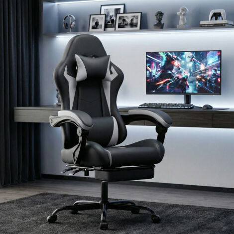 Sedia da gaming ergonomica regolabile con poggiapiedi, poggiatesta e supporto lombare, in PVC bianco e nero