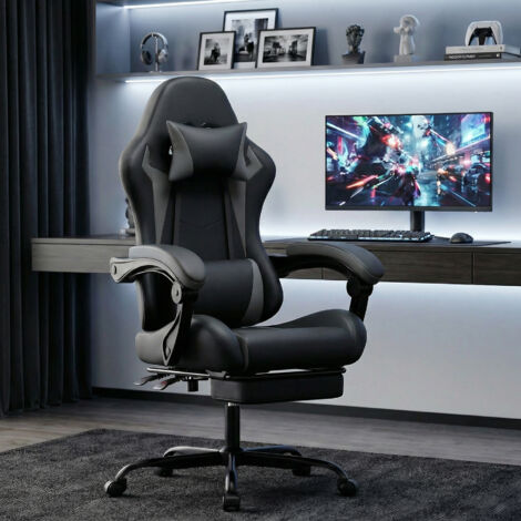 Sedia da gaming ergonomica regolabile con poggiapiedi, poggiatesta e supporto lombare, in PVC nero e grigio
