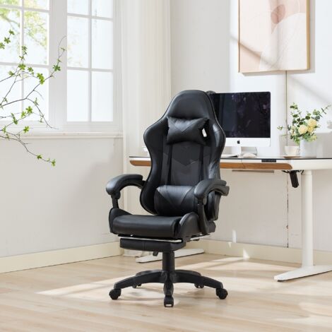 Sedia da gaming girevole a 360°, sedia da ufficio regolabile in altezza e schienale, cuscino incluso, imbottitura in schiuma, rivestimento in PU, nera