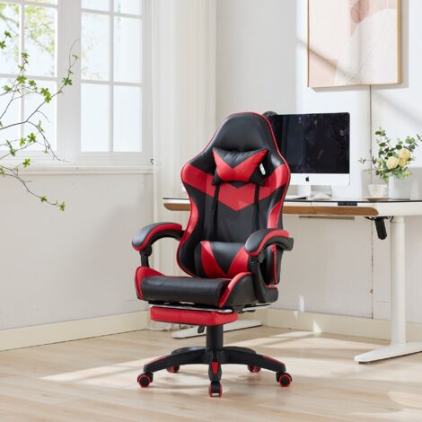 Sedia da gaming girevole a 360°, sedia da ufficio regolabile in altezza e schienale, cuscino incluso, imbottitura in schiuma, rivestimento in PU, rosso/nero