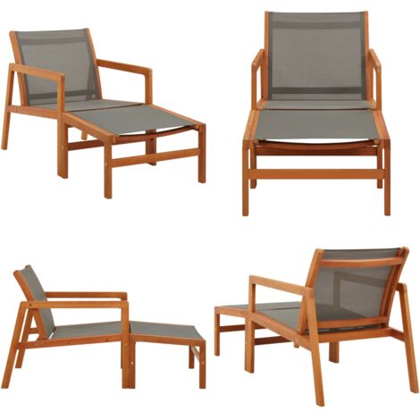 Sedia da Giardino con Pouf Grigia Eucalipto e Textilene - Poggiapiedi - Poltrona da giardino