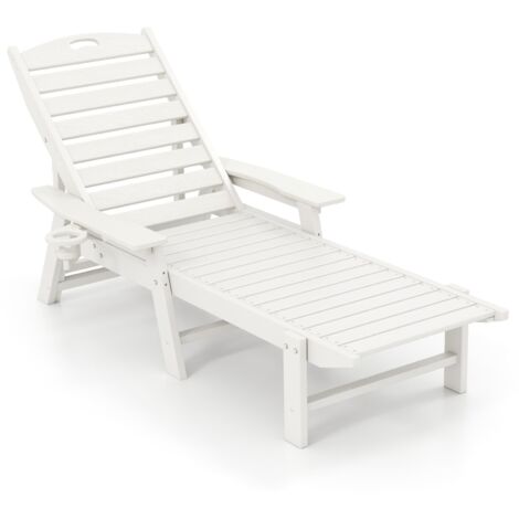Sedia da giardino in HDPE con schienale reclinabile in 4 posizioni e portabicchieri girevole, 196-169 x 75 x 31,5-65 cm per giardino e piscina