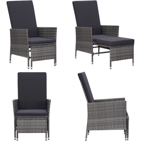 Sedia da Giardino Reclinabile con Cuscino in Polyrattan Grigio - Poltrona da esterno - Sedia reclinabile