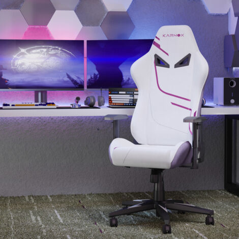 Sedia da gioco ergonomica, sedia da gioco in tessuto bianco/viola, poggiatesta e supporto lombare regolabili, braccioli regolabili