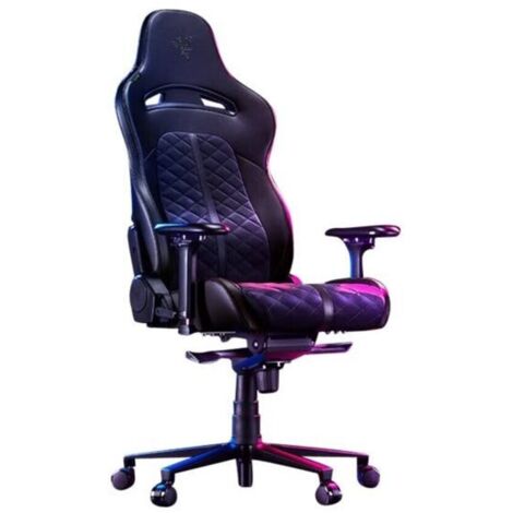 Sedia da gioco Razer Enki ergonomica nera con supporto lombare integrato, rivestimento in similpelle multicouche, imbottitura in schiuma, cuscino per la testa e altezza regolabile