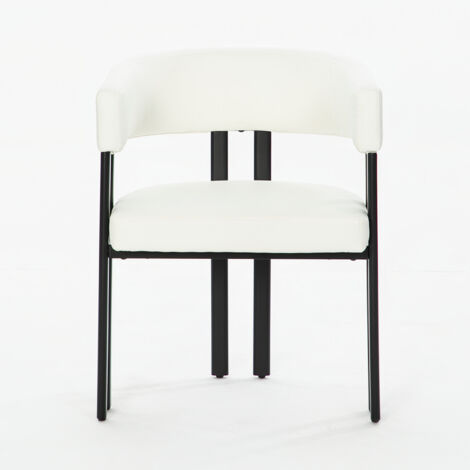 Sedia da pranzo con braccioli, schienale imbottito e curvo, struttura in metallo, similpelle beige