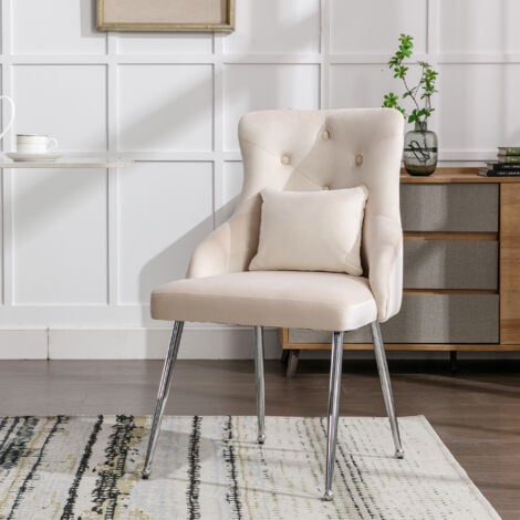 Sedia da pranzo con motivo a bottoni, poltrona imbottita, sedie con gambe in metallo, poltrona lounge moderna, sedia da soggiorno per camera da letto con cuscino lombare, Beige
