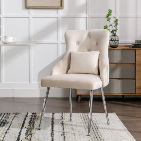 Sedia da pranzo con motivo a bottoni, Poltrona imbottita, Sedie con gambe in metallo, Poltrona lounge moderna, Sedia da soggiorno per camera da letto con cuscino lombare, Beige OKWISH