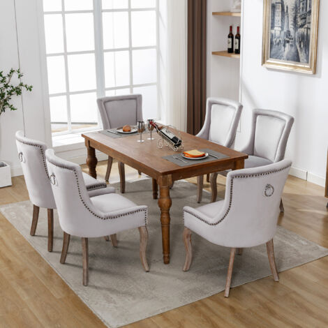 Sedia da pranzo di lusso (sedia da cucina, sedia da soggiorno, 6 pezzi), sedia imbottita con finiture a chiodo, gambe in legno massello, rivestimento in velluto, grigio