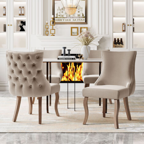Sedia da pranzo imbottita con schienale alto e struttura in legno, velluto, beige, 2 pz