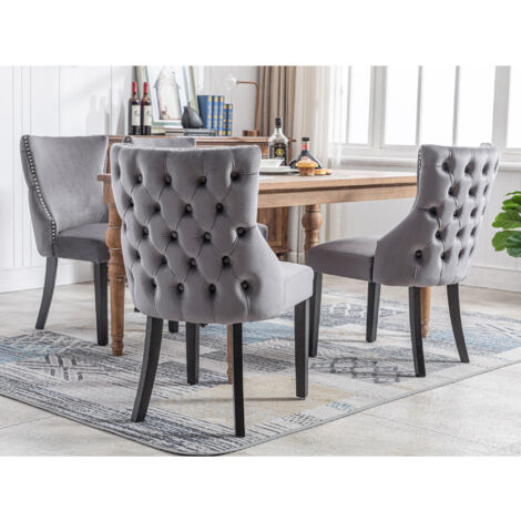 Sedia da pranzo imbottita con schienale alto e struttura in legno, velluto, grigio, 2 pz