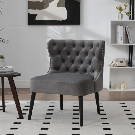 Sedia da Pranzo in Velluto con Bottoni e Finiture Borchiate, Gambe in Legno, Grigio, per Soggiorno e Camera