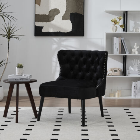 Sedia da pranzo in velluto MODFU, sedia imbottita, decorazione con rivetti a bottone, soggiorno/camera da letto, gambe in legno, nero
