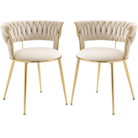 Sedia da Pranzo in Velluto Morbido, Set da 2 Pezzi, Schienale Moderno a Forma di Dito con Braccioli, Legno, Avorio