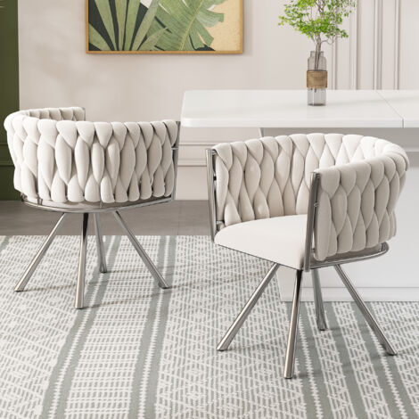 Sedia da pranzo in velluto, set da 2, poltrona girevole di lusso chiara per soggiorno e camera, poltrona girevole lounge con quattro piedi di supporto in metallo, beige+argento