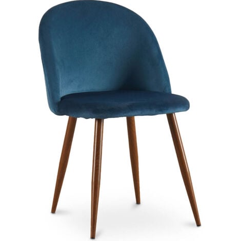 PRIVATEFLOOR Sedia da Pranzo, Design Accent velluto Stile Scandinavo, Retrò Gambe in legno - Evelyne Blu scuro - Metallo con pittura transfer in legno, Legno, Velluto - Blu scuro