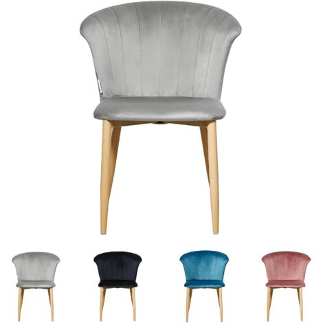 Sedia da pranzo singola Elsa Velvet - Sedia da pranzo moderna imbottita con gambe in legno - Grigio