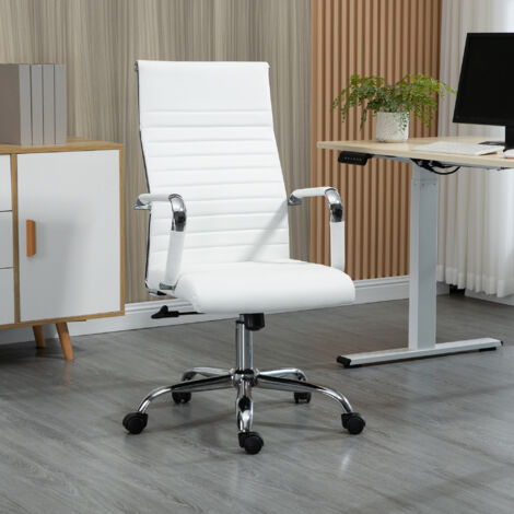 Sedia da Scrivania Ergonomica con Funzione a Dondolo, Ruote Girevoli 360°, Pelle Rigenerata Bianca, Per Studio, Soggiorno