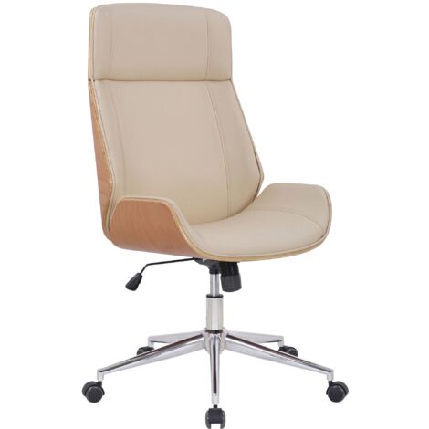 Sedia da ufficio con schienale alto con ruote in materiale sintetico crema e legno chiaro, altezza regolabile BUR10458