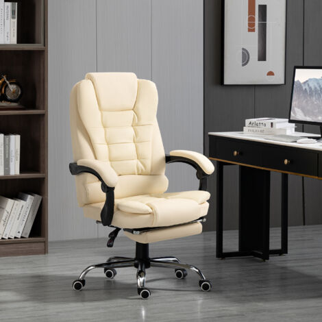 Sedia da Ufficio Ergonomica Presidenziale in Pelle PU, Poltrona da Ufficio Girevole con Schienale Alto Reclinabile 145°, Altezza Regolabile e Poggiapiedi Estraibile, color Crema