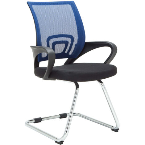 Sedia da ufficio per reception senza rotelle, schienale in rete con braccioli, blu BUR10501