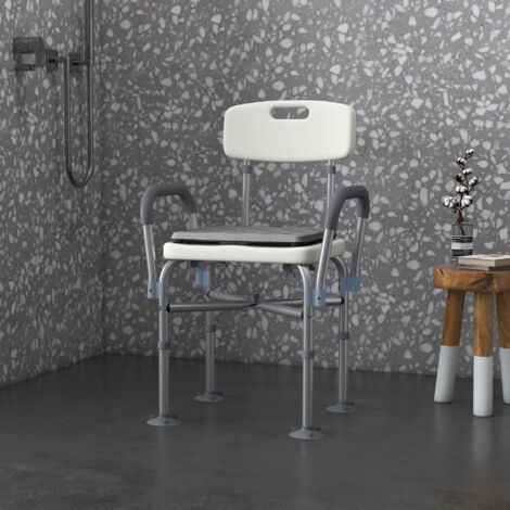 Sedia Doccia ad Altezza Regolabile su 5 Livelli con Braccioli Imbottiti e Cuscino Rimovibile, Sedia per Doccia in Alluminio e HDPE con Fori di Drenaggio, 53.5x52x80-90 cm, Bianca
