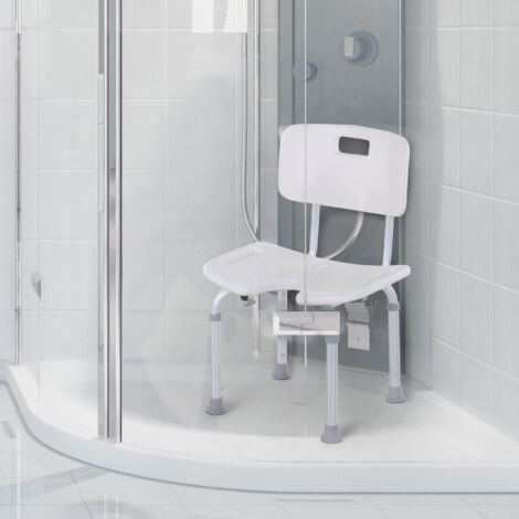 Sedia Doccia Regolabile su 8 Livelli con Fori di Drenaggio e Seduta a U, Sedia da Doccia in Alluminio e PE, 48x42x71-83.5 cm, Bianco e Argento