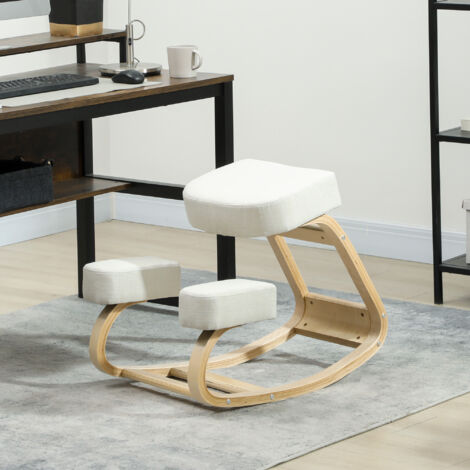 Sedia Ergonomica con Inginocchiatoio e Movimento a Dondolo, Sedia Posturale Imbottita Moderna in Legno di Betulla e Poliestere, 51x69x58 cm, Crema