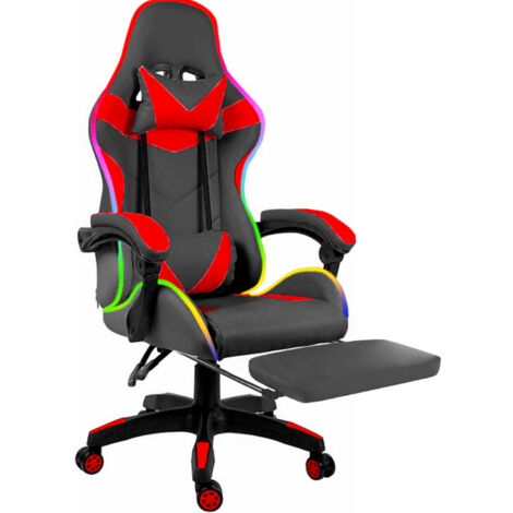 Sedia Gaming Con LED RGB e Telecomando Poltrona Ufficio Scrivania Casa PC Stile Racing Girevole Ergonomica In Ecopelle Cuscino Supporto Lombare Poggiapiedi Poggiatesta Braccioli (Nero e Rosso)