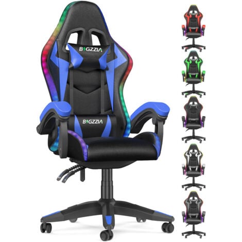 Sedia Gaming Con LED RGB Integrati, Bigzzia Sedie da gamer regolabile e reclinabile 155°, Sedie da gamer, nero e blu