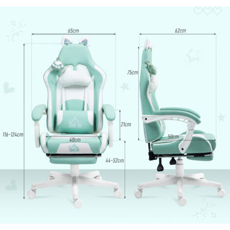 Sedia Gaming Ergonomica con Orecchie da Gatto, Poltrona Gaming Ufficio Reclinabile in Finta Pelle con Poggiapiedi, Poggiatesta e Altezza Regolabile, Supporto Lombare e Cervicale, Blu