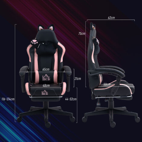 Sedia Gaming Ergonomica con Orecchie da Gatto, Poltrona Gaming Ufficio Reclinabile in Finta Pelle con Poggiapiedi, Poggiatesta e Altezza Regolabile, Supporto Lombare e Cervicale, Nero