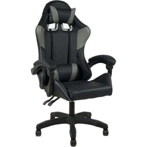 Sedia Gaming Professionale SimilPelle Reclinabile Con Braccioli Poltrona Ufficio Regolabile in Altezza Pistone Gas,Cuscino Poggiatesta E Lombare Gamer Grigio