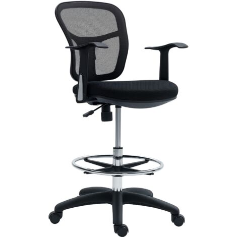 Sedia Girevole con Anello Poggiapiedi e Schienale Ricurvo, in Poliestere, Schiuma e Plastica, 55x58x94 cm, Nero
