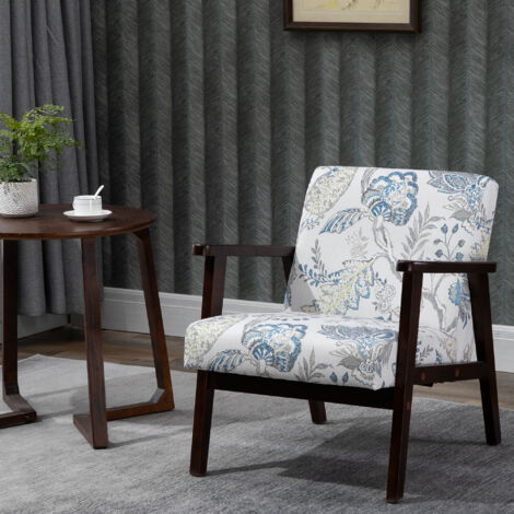Sedia per Soggiorno Poltroncina Imbottita con Braccioli in Legno e Tessuto Traspirante per Casa e Ufficio, a Fiori, 68.5x78.5x75cm