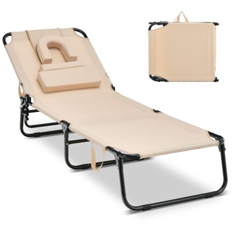 Sedia pieghevole con foro per il viso cuscini rimovibili schienale regolabile in 5 livelli, Sedia a sdraio Beige