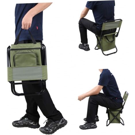 Sedia pieghevole multifunzionale e portatile con vano portaoggetti e schienale, ideale per il campeggio, la pesca, il giardinaggio e la spiaggia, verde.