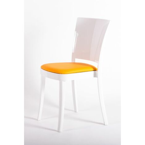Sedia policarbonato BIANCO imbottita Lucienne - con cuscino ECOPELLE NABUK Colore cuscino Giallo Arancio
