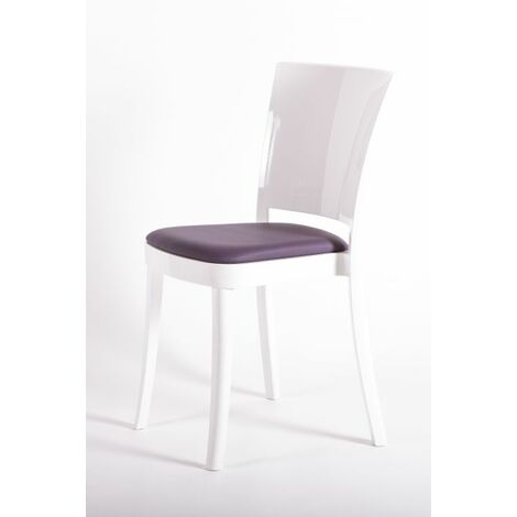 Sedia policarbonato BIANCO imbottita Lucienne - con cuscino ECOPELLE NABUK Colore cuscino Violetto