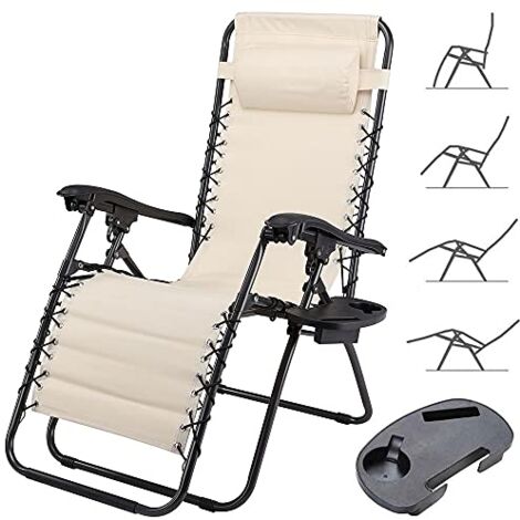 Sedia Poltrona Giardino Zero Gravity Pieghevole Acciaio Oxford con Vassoio Beige