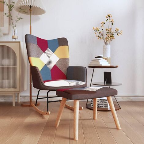 Poltrona scandinava patchwork Helsinki con poggiapiedi e cuscino lombare,  poltrona da soggiorno in tessuto di lino multicolore