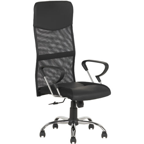 Sedia Presidenziale da Ufficio Ergonomica in Ecopelle e Rete Traspirante, Schienale Alto con Supporto Lombare, Altezza Regolabile, Base Cromata e Ruote 360